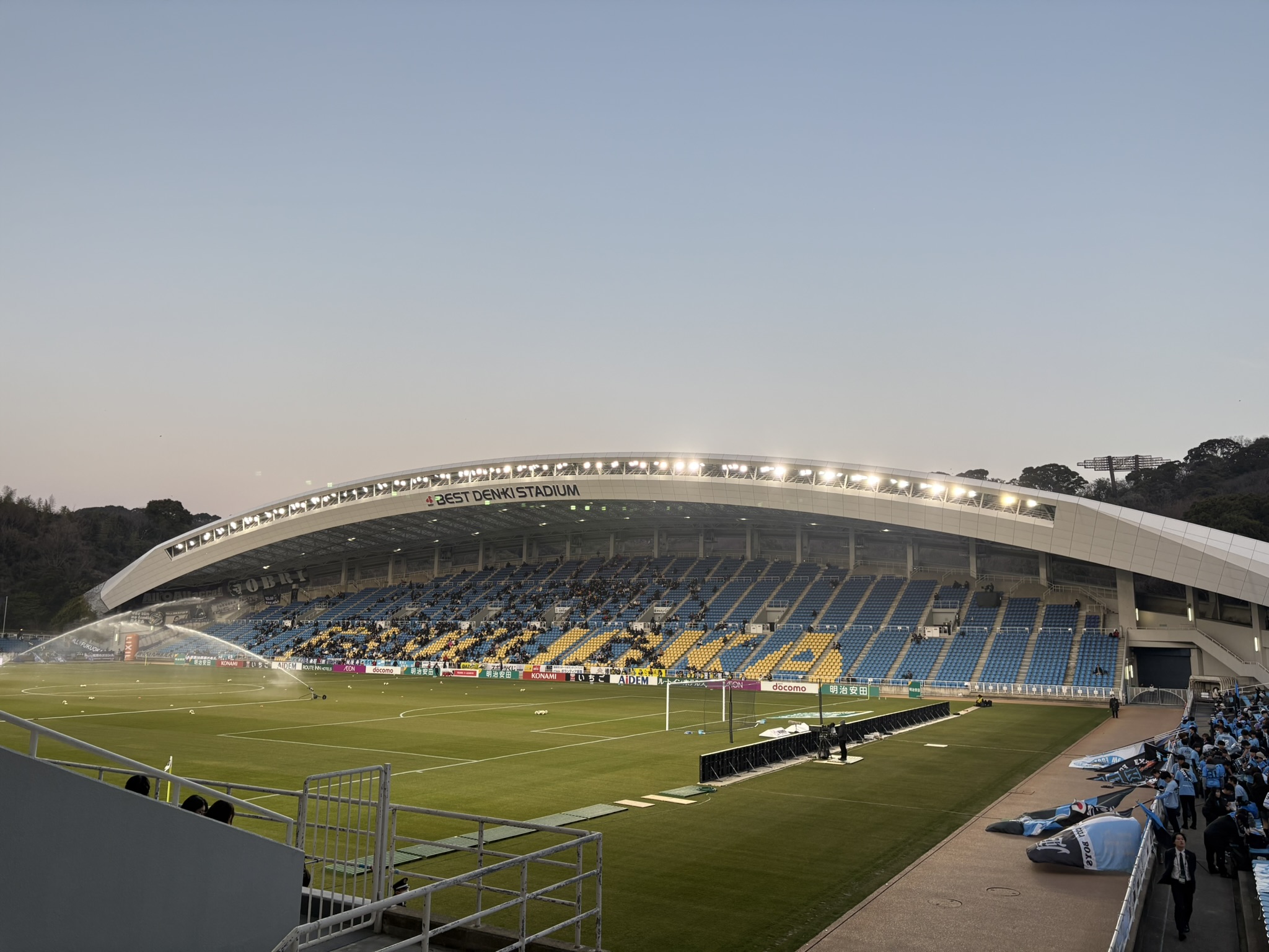 Best Denki Stadium exterior facade Hakata no Mori green trees Fukuoka Avispa J League