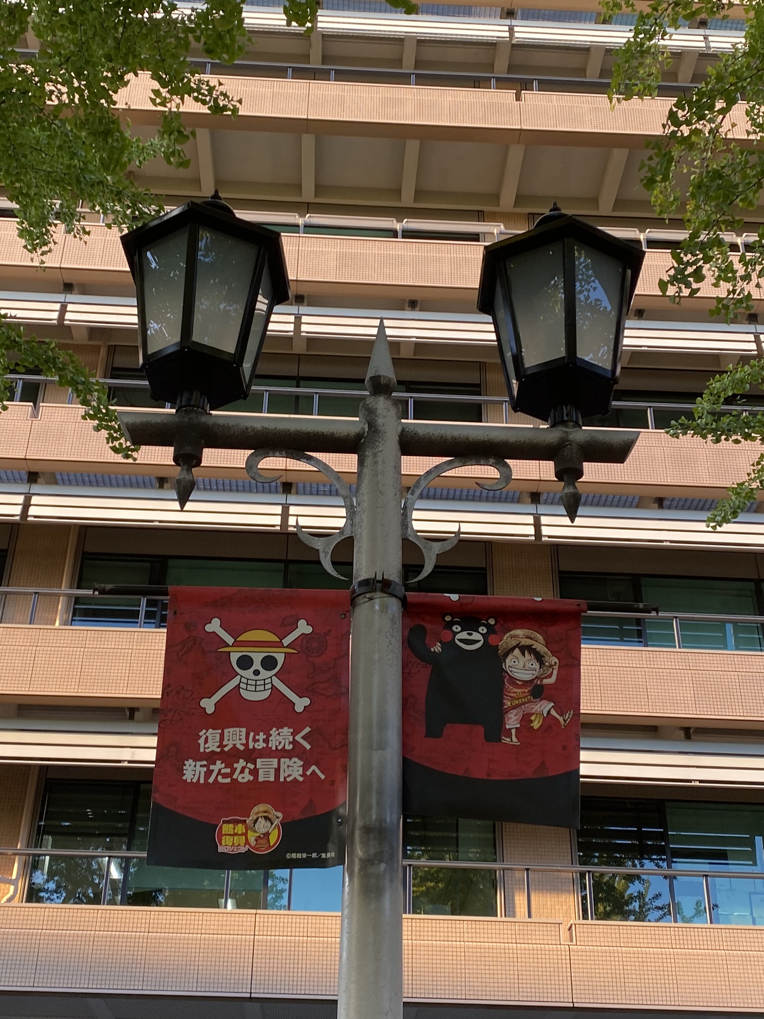 Street lamp banner with Monkey D Luffy and Kumamon together for Kumamoto recovery project