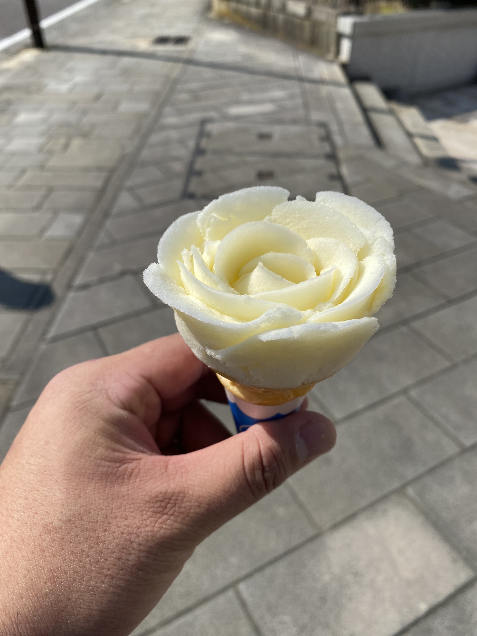 Chirinchirin ice cream shaped like a rose flower in white soft serve at Nagasaki