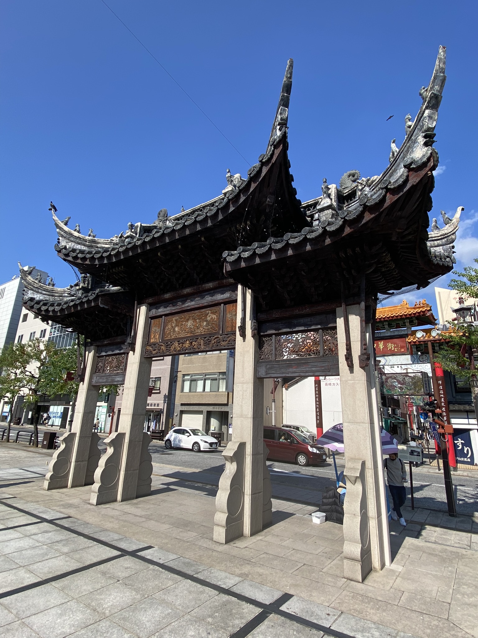Nagasaki Shinchi Chinatown red Chinese pailou gate with ornate decoration
