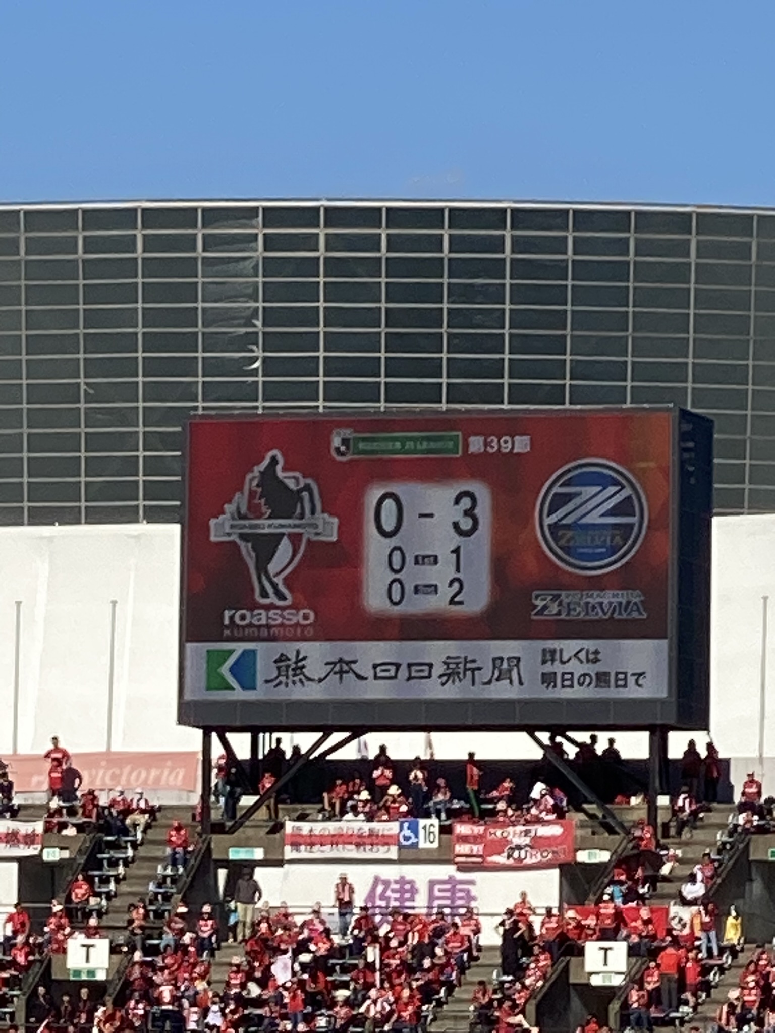 Scoreboard showing Roasso Kumamoto 0-3 FC Machida Zelvia J1 League match result