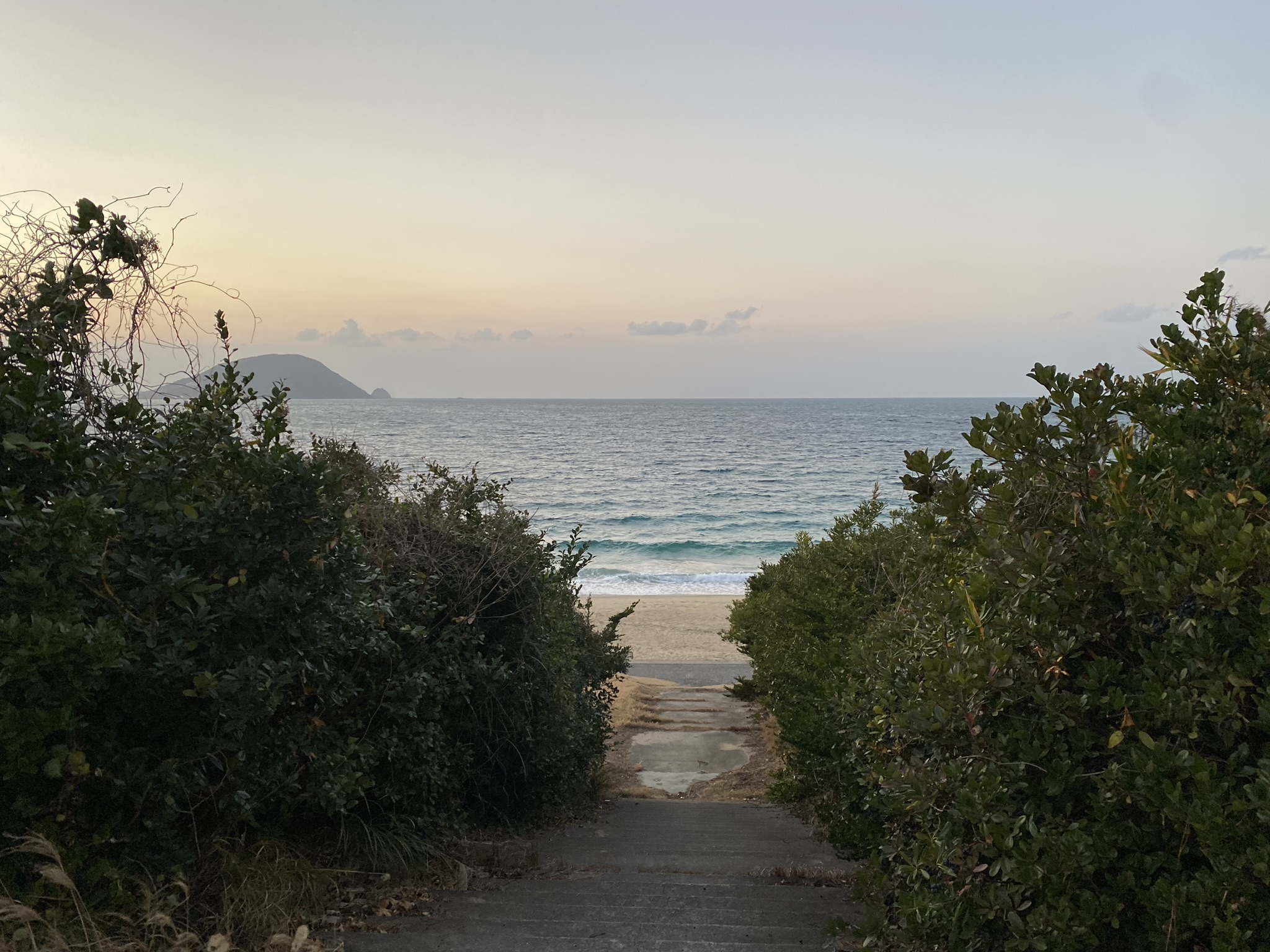 Shikanoshima island narrow path through bushes leading to beach dusk evening sky island silhouette sea