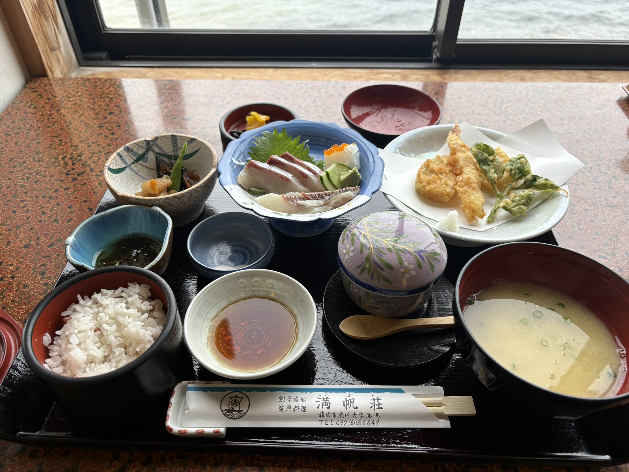 Shikanoshima Manposou sea view from window table dining Shika island Hakata Bay